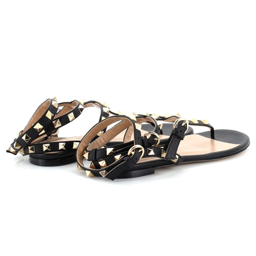 Women's Rockstud Ankle Wrap Flat Thong Sandals Leather