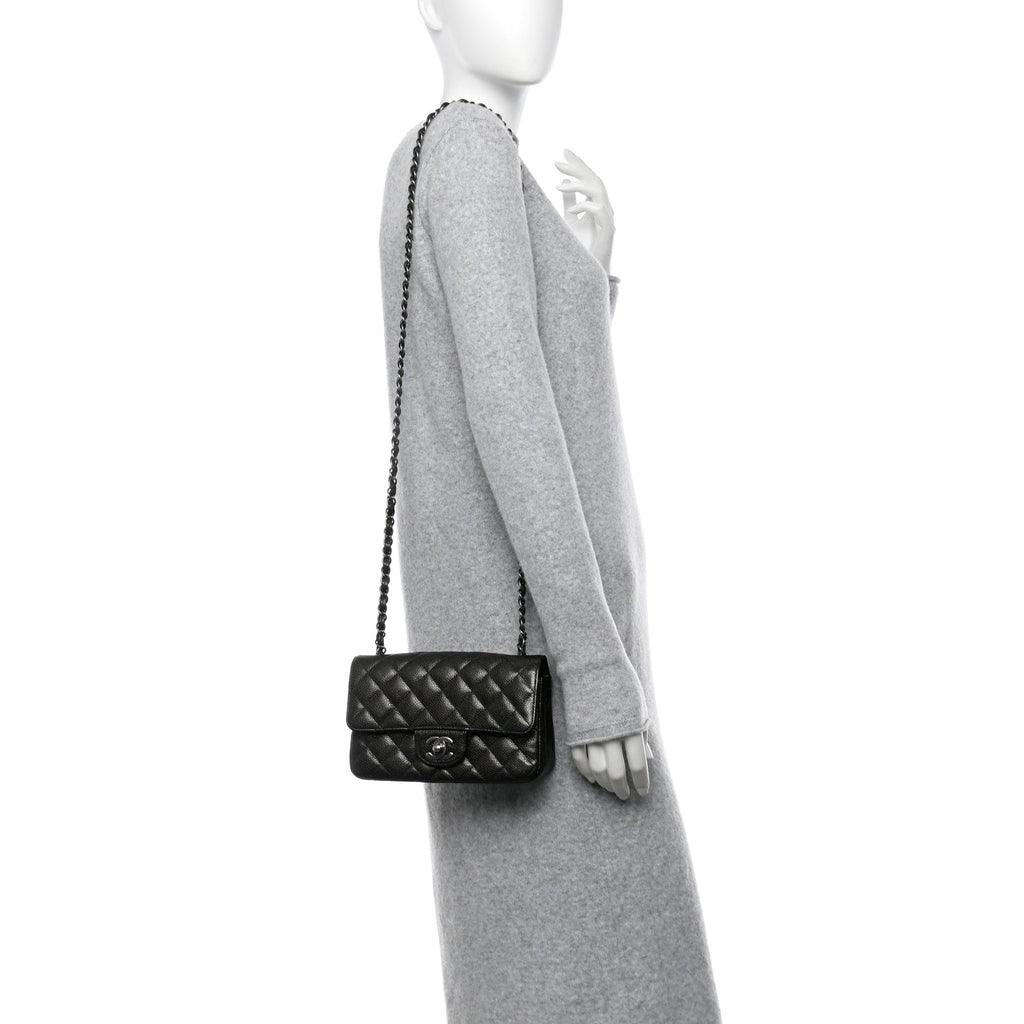 Metallic Caviar Quilted Mini Rectangular Flap Dark Grey