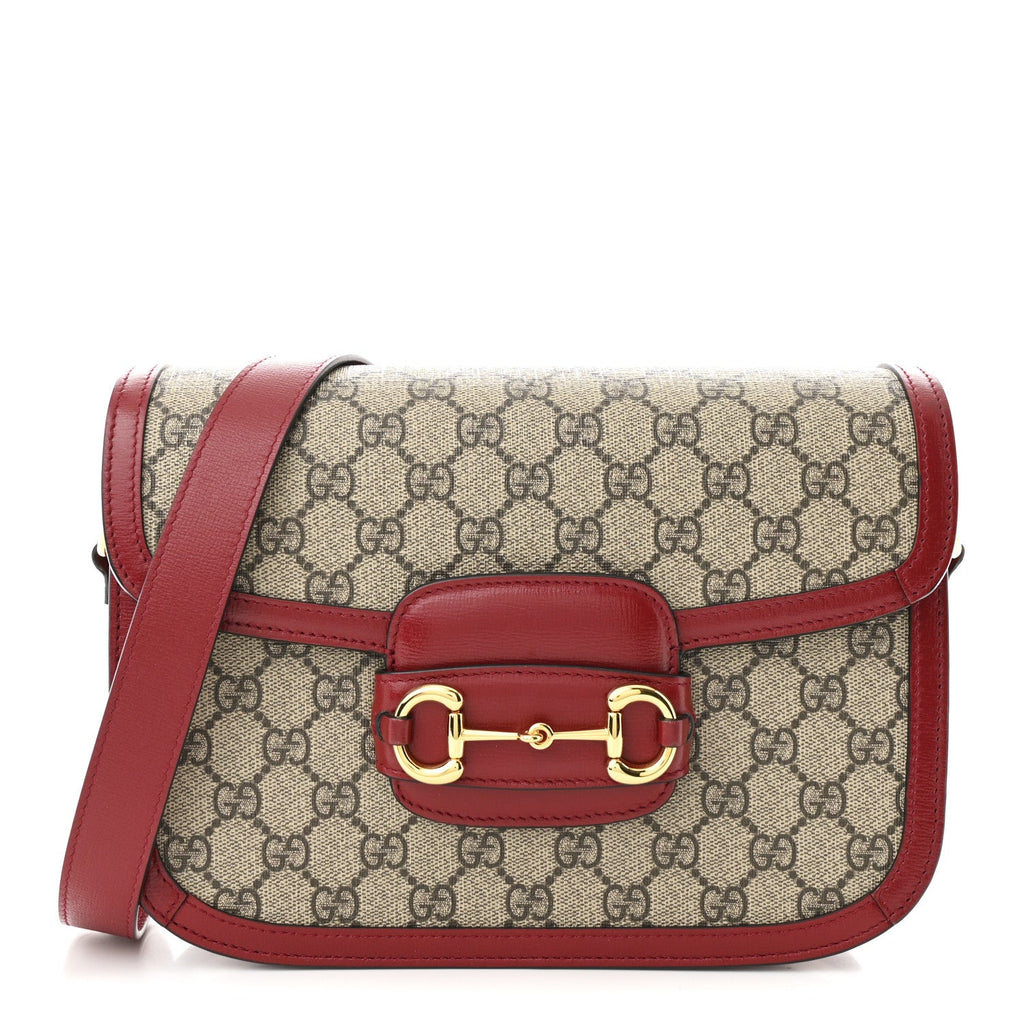 GG Supreme Monogram Azalea Calfskin Horsebit 1955 Shoulder Bag Beige Ebony New Cherry Red