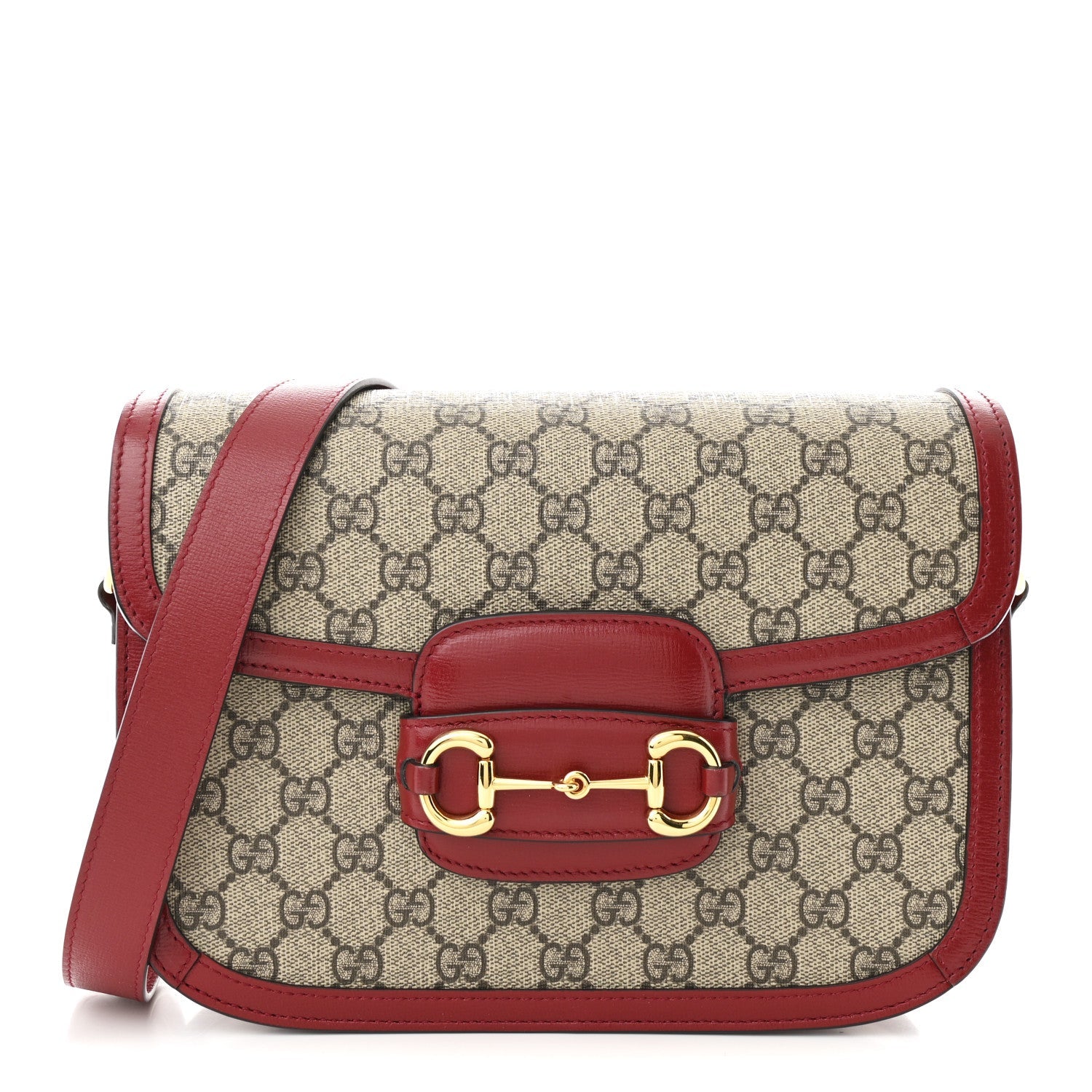 GG Supreme Monogram Azalea Calfskin Horsebit 1955 Shoulder Bag Beige Ebony New Cherry Red