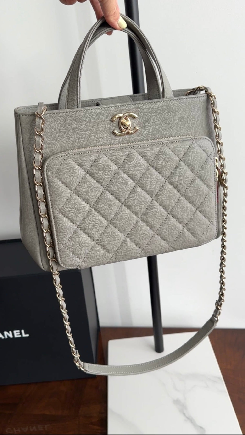 Chanel Light Grey Small Caviar Leather Business Affinity Two-Way Bag