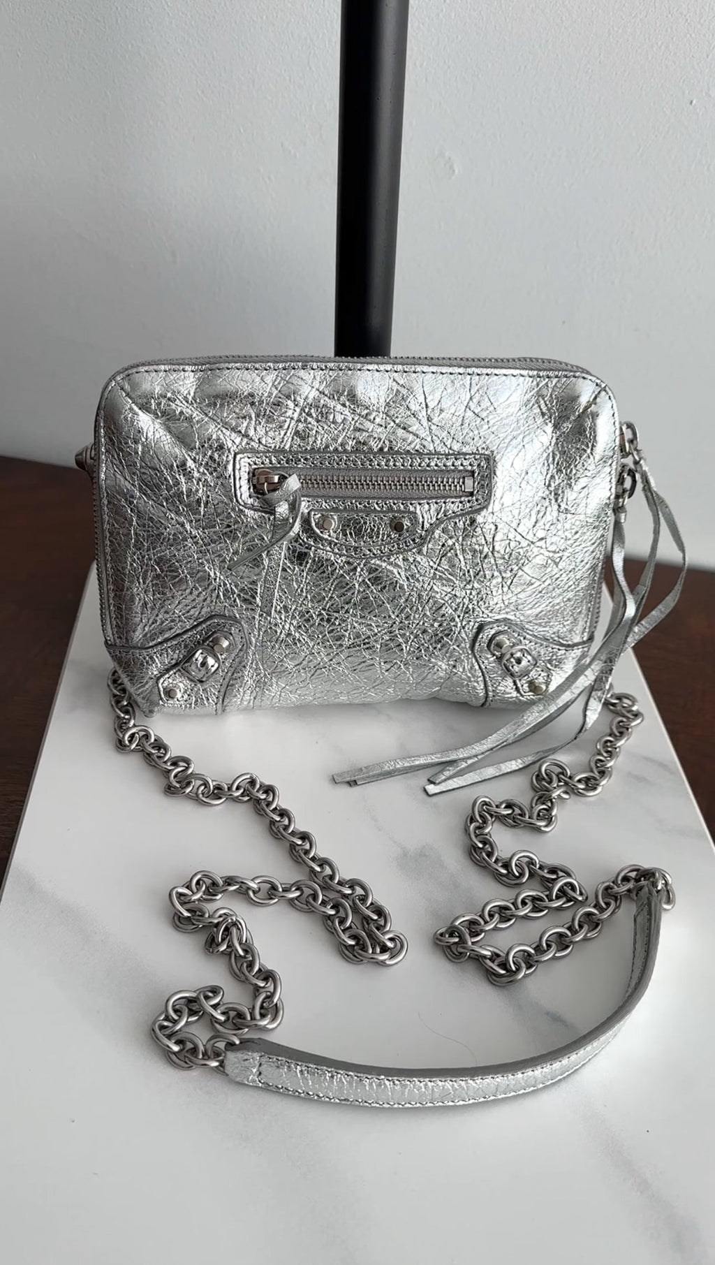 Balenciaga Silver Metallic Reporter Chain Crossbody Bag