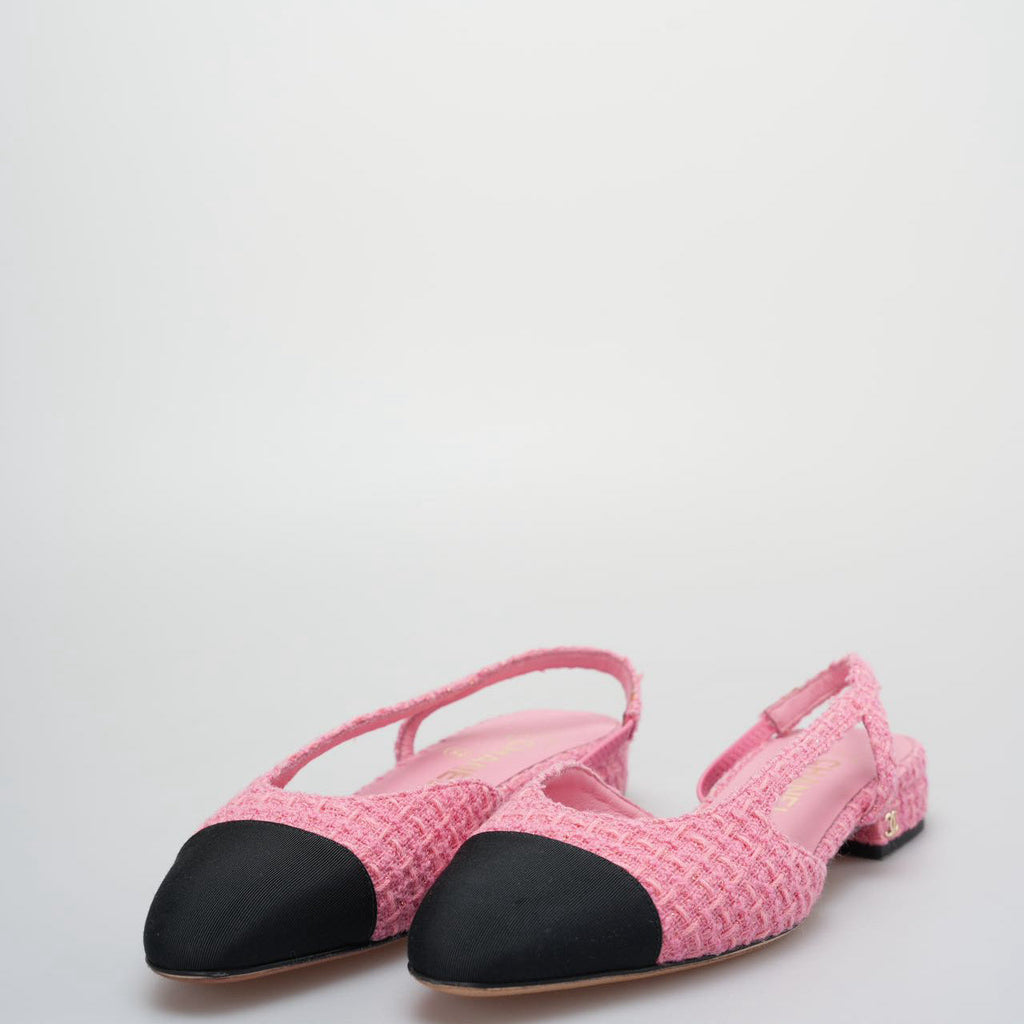 Chanel Tweed Grosgrain Cap Toe CC Slingback Pumps size 37.5 in Pink and Black