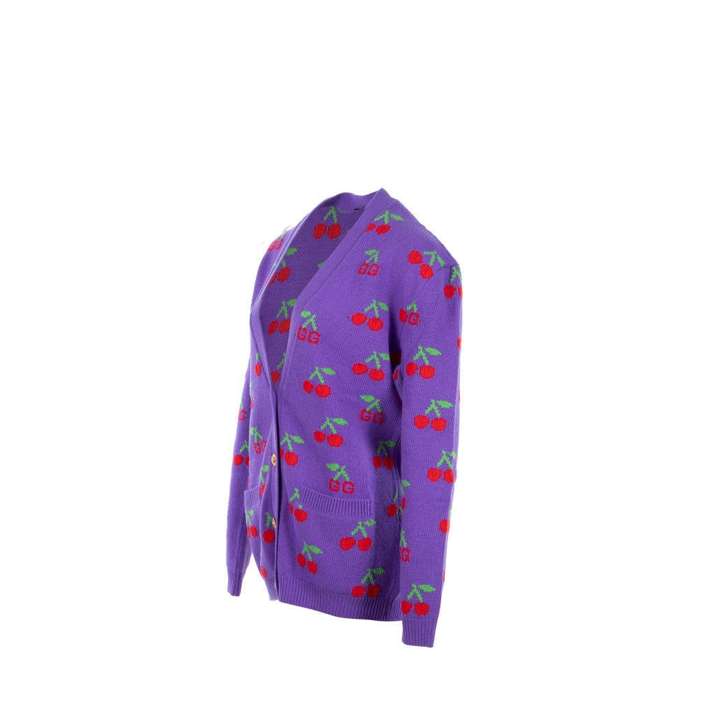 Gucci Size S GG Cherry Intarsia Knit igan Wool Purple