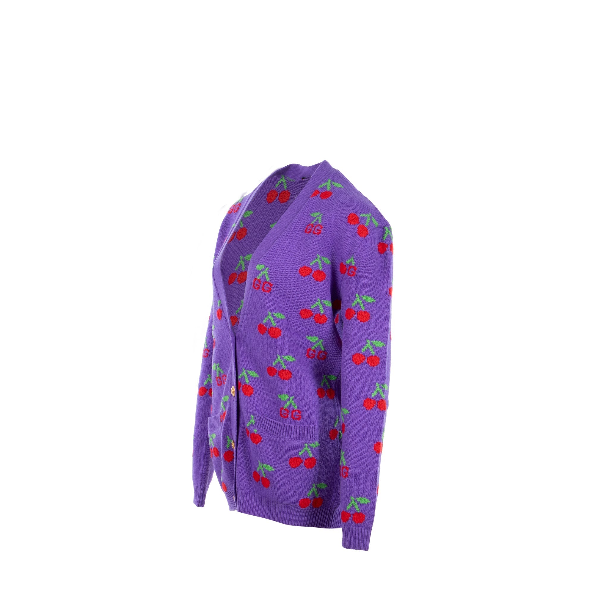 Gucci Size S GG Cherry Intarsia Knit igan Wool Purple