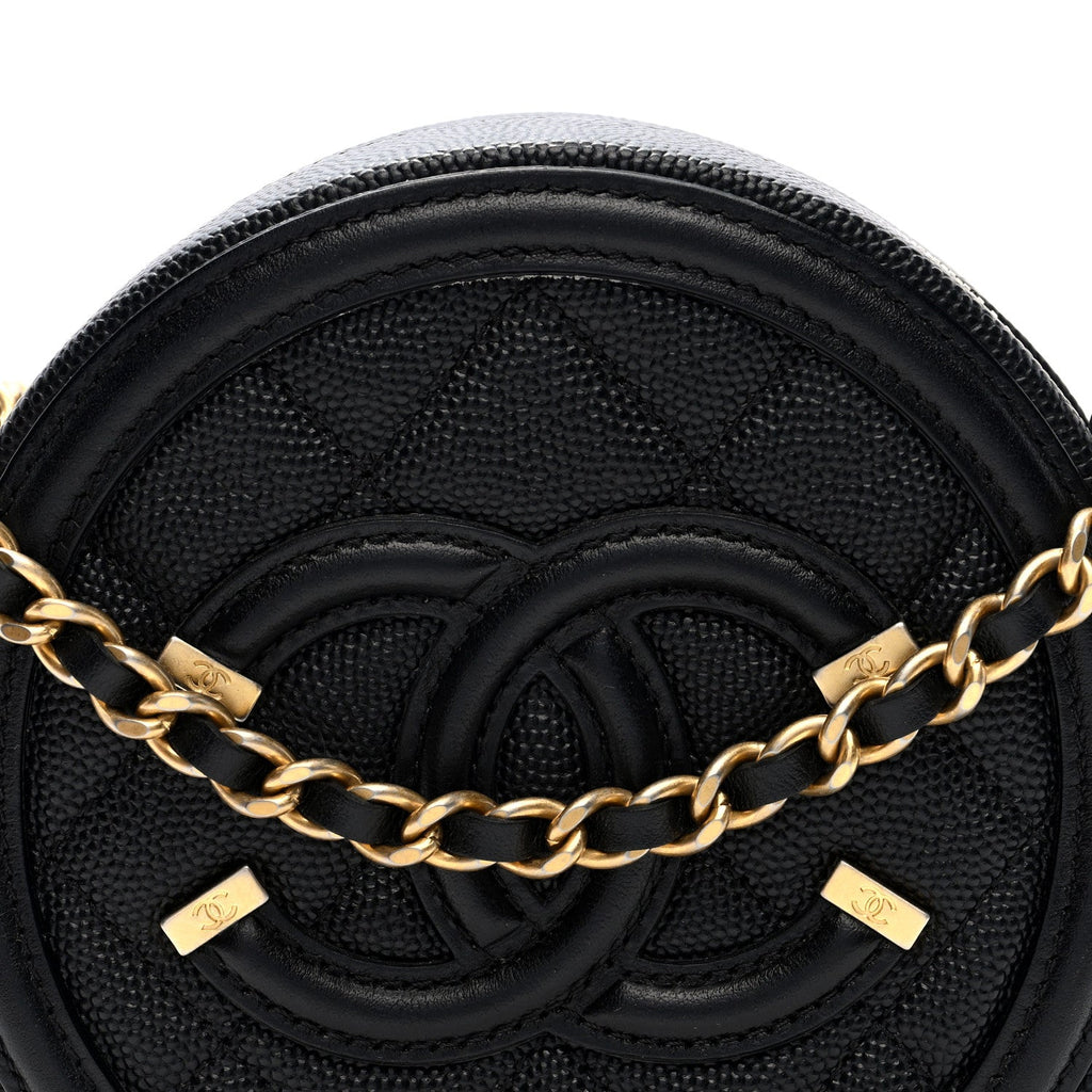 Caviar Quilted Round Filigree Crossbody Black