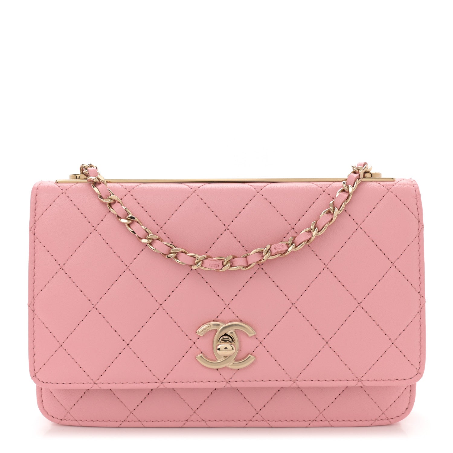 Lambskin Quilted Trendy CC Wallet On Chain WOC Pink