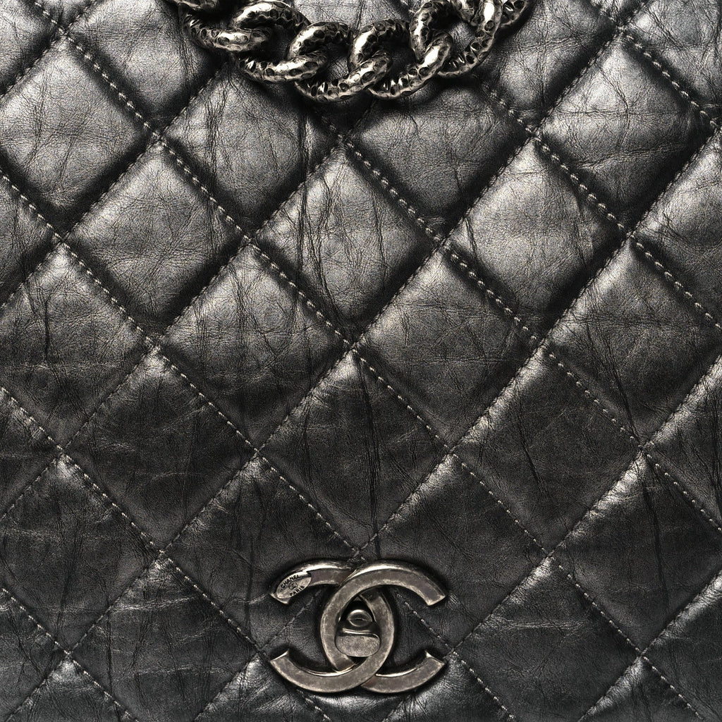 Metallic Aged Calfskin Quilted Large Pondichery Flap Dark Grey