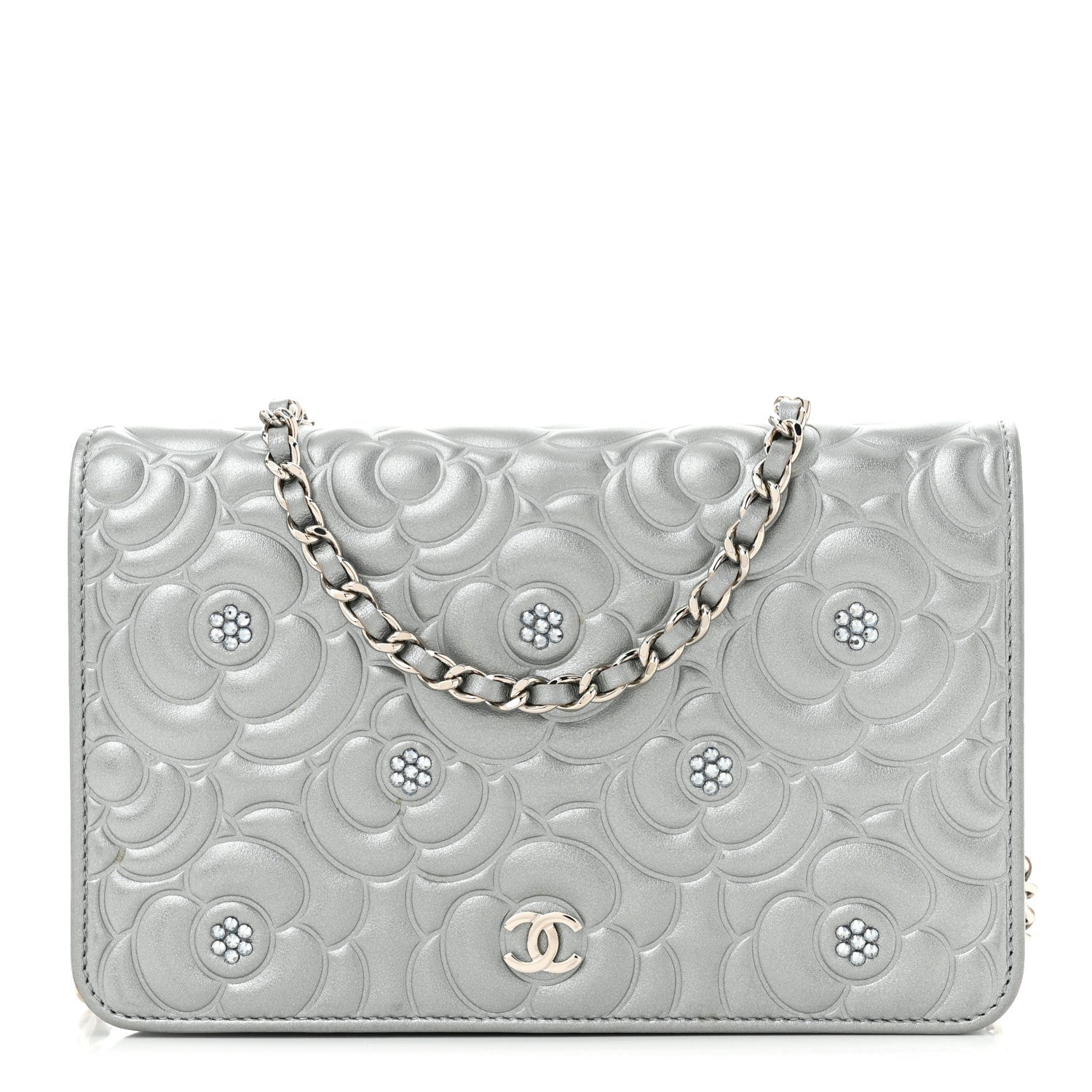 Metallic Lambskin Camellia Crystal Wallet on Chain WOC Silver