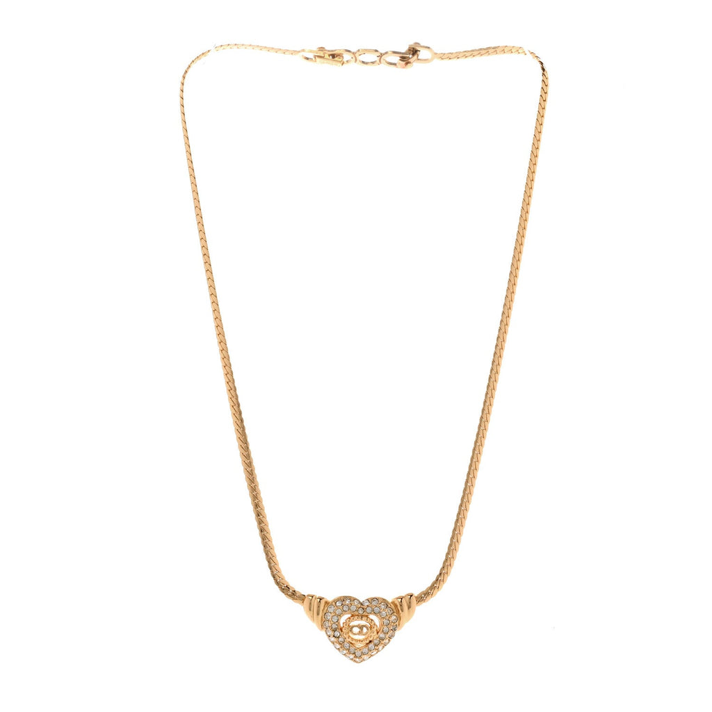 Metal Crystal Logo Heart Necklace Gold