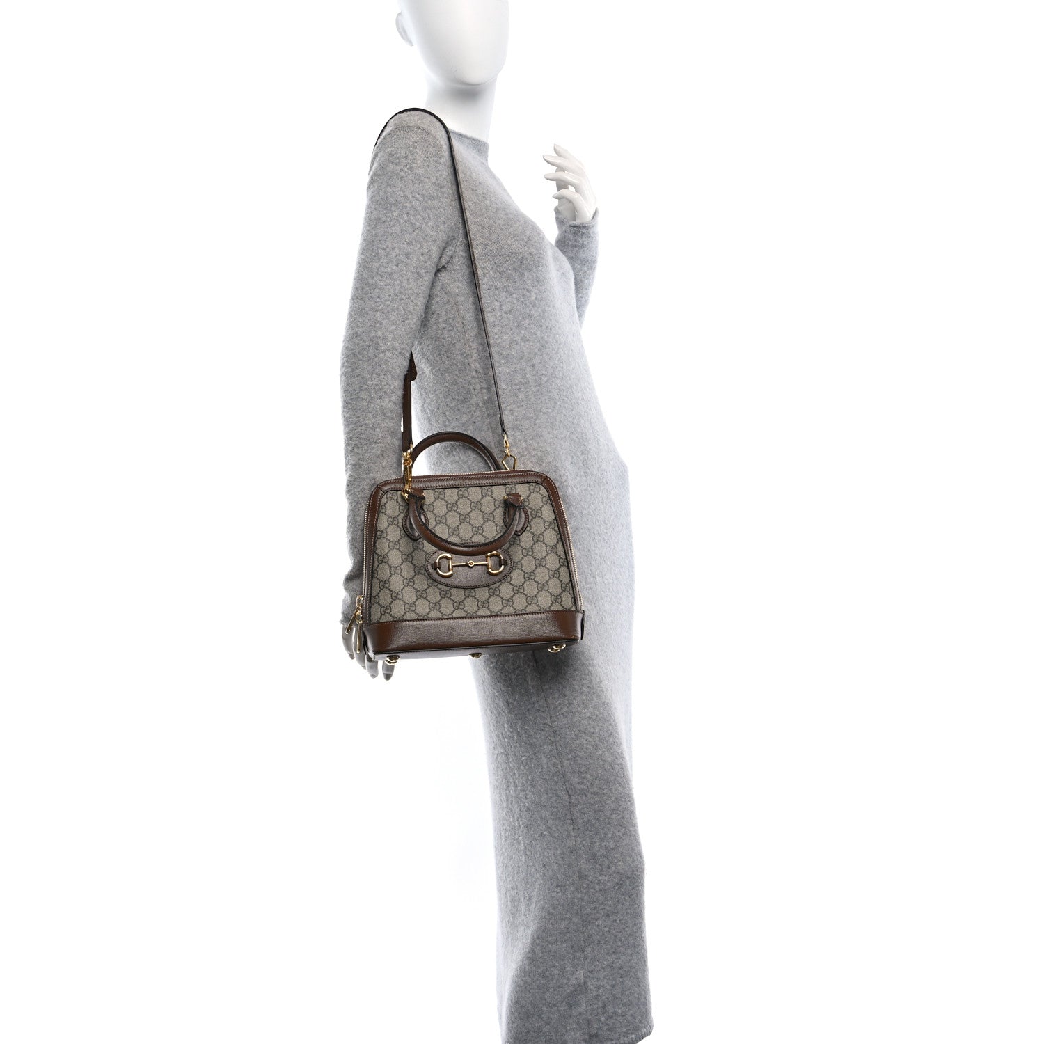 GG Supreme Monogram Azalea Calfskin Small Horsebit 1955 Top Handle Bag Beige Ebony Brown Sugar