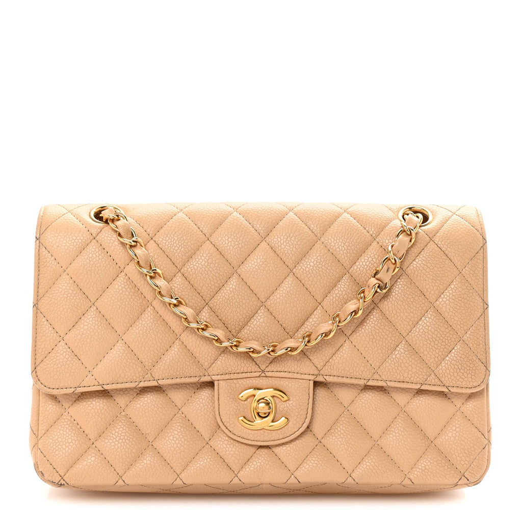 Caviar Quilted Medium Double Flap Beige