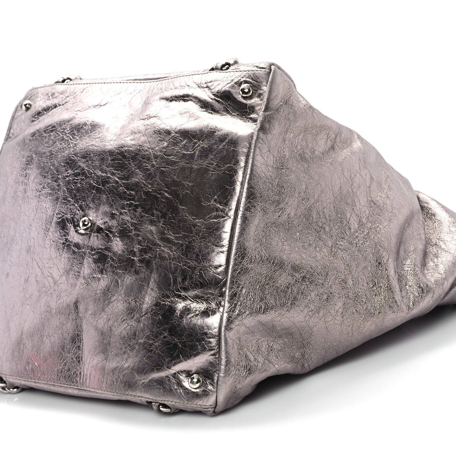 Metallic Cracked Calfskin Modern Chain Tote Dark Silver