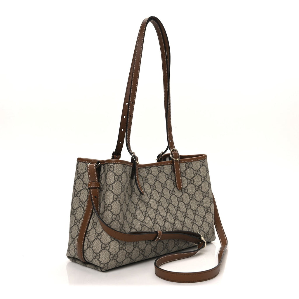 GG Supreme Monogram Emblem Small Tote Bag Beige Dark Brown