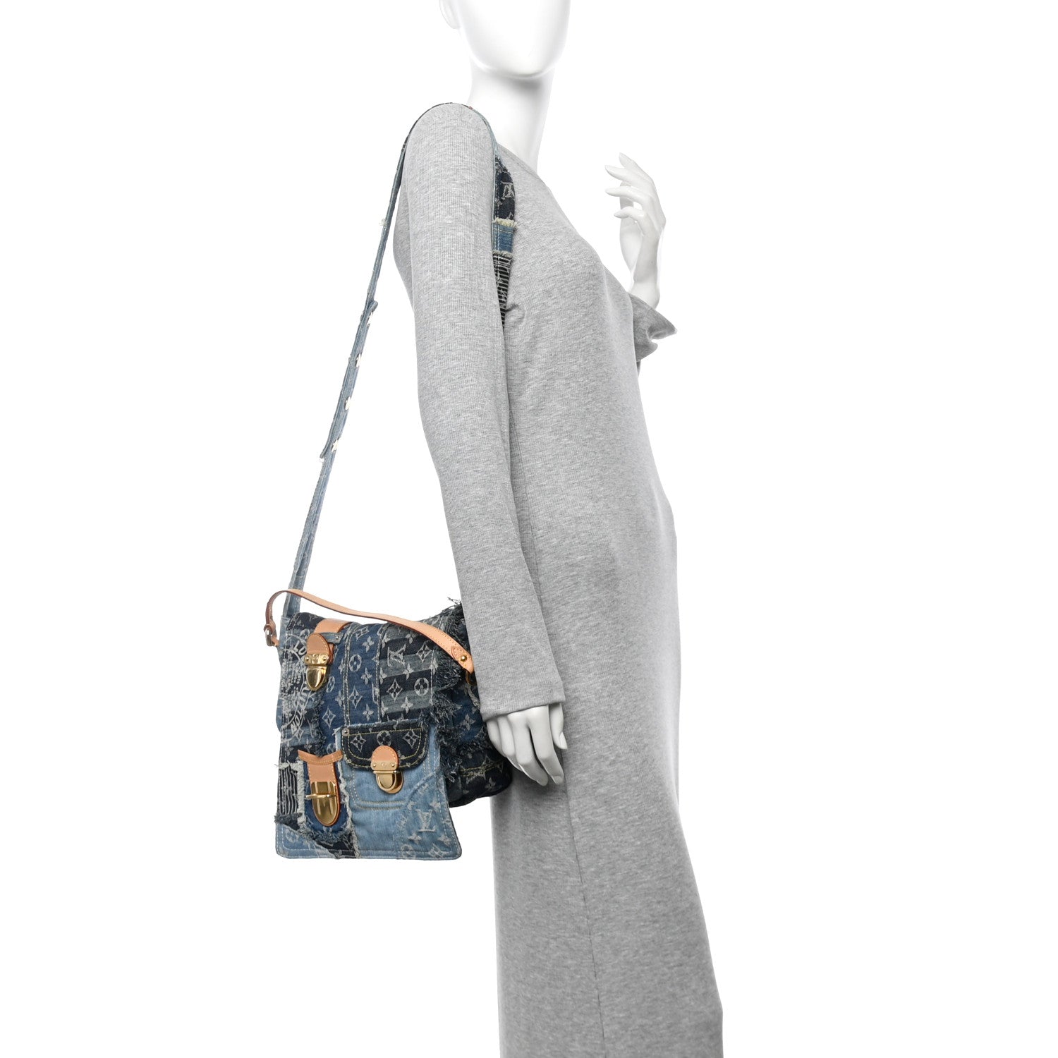 Denim Patchwork Posty Messenger Bag Blue