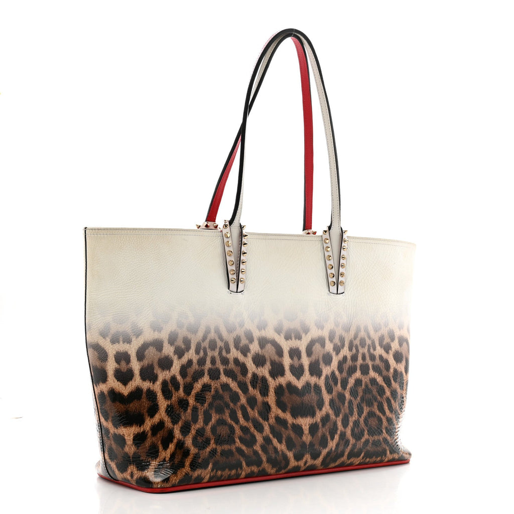 Calfskin Degrade Leopard Print Spikes East West Cabata Tote White Multi