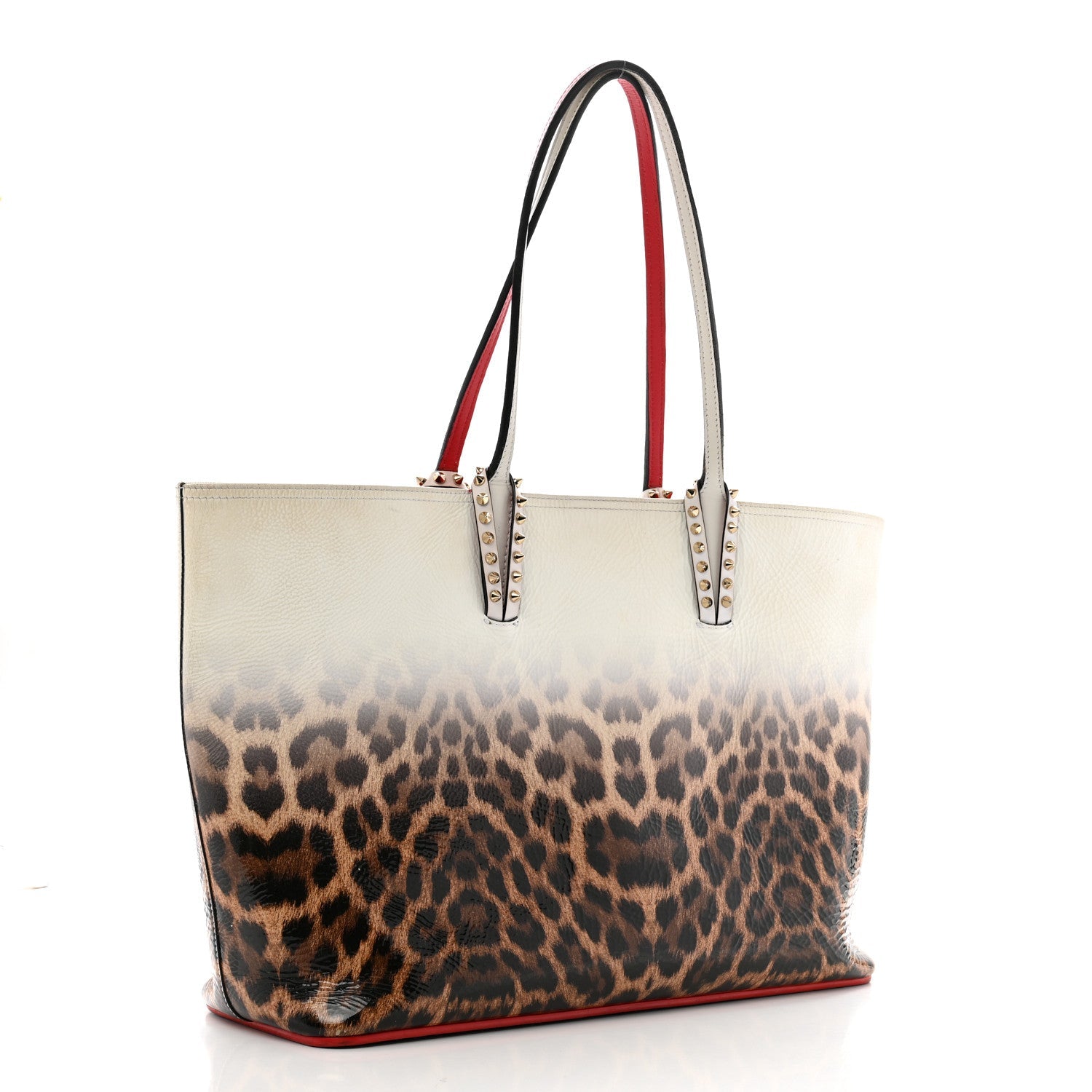 Calfskin Degrade Leopard Print Spikes East West Cabata Tote White Multi