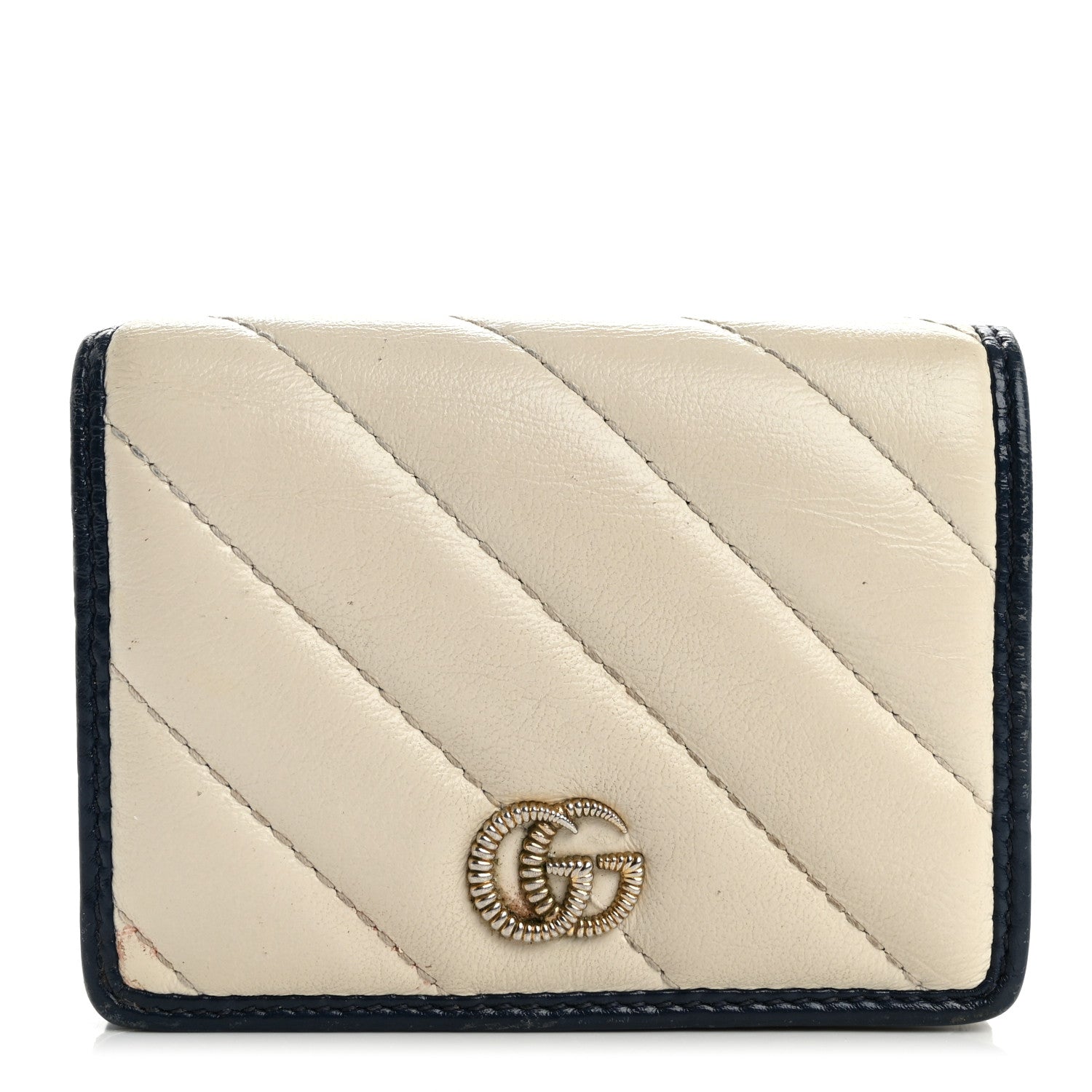 Vintage Effect Calfskin Matelasse Diagonal Torchon GG Marmont  Case Wallet Mystic White Blue Agata