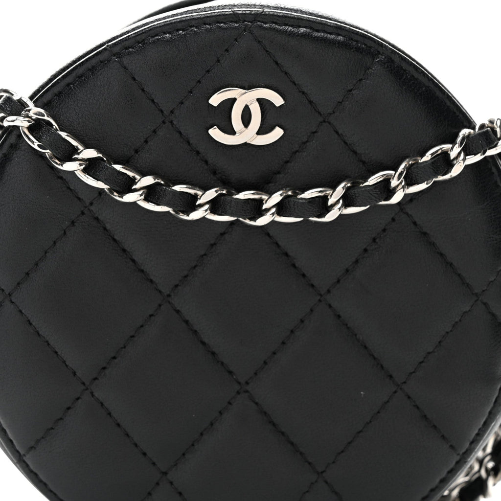 Lambskin Quilted Round Clutch With Chain Black