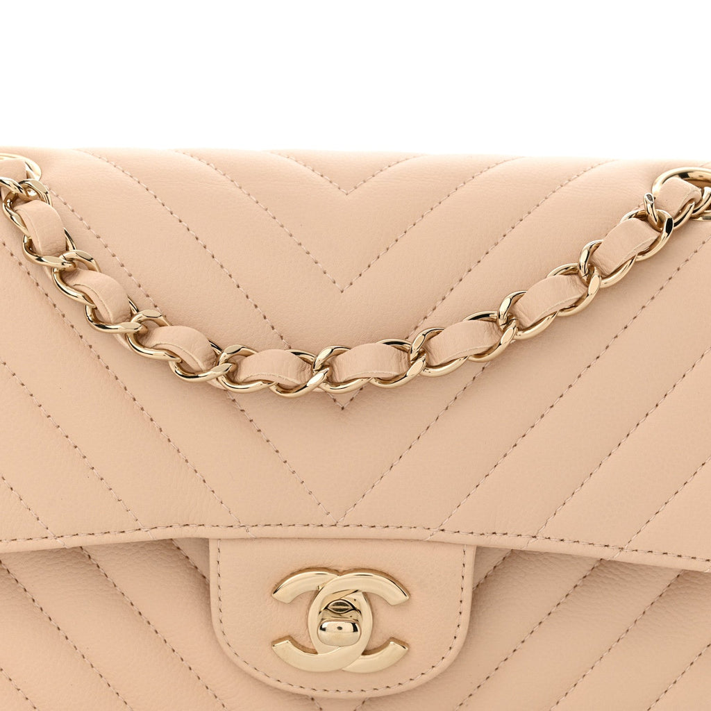 Caviar Chevron Quilted Small Double Flap Beige
