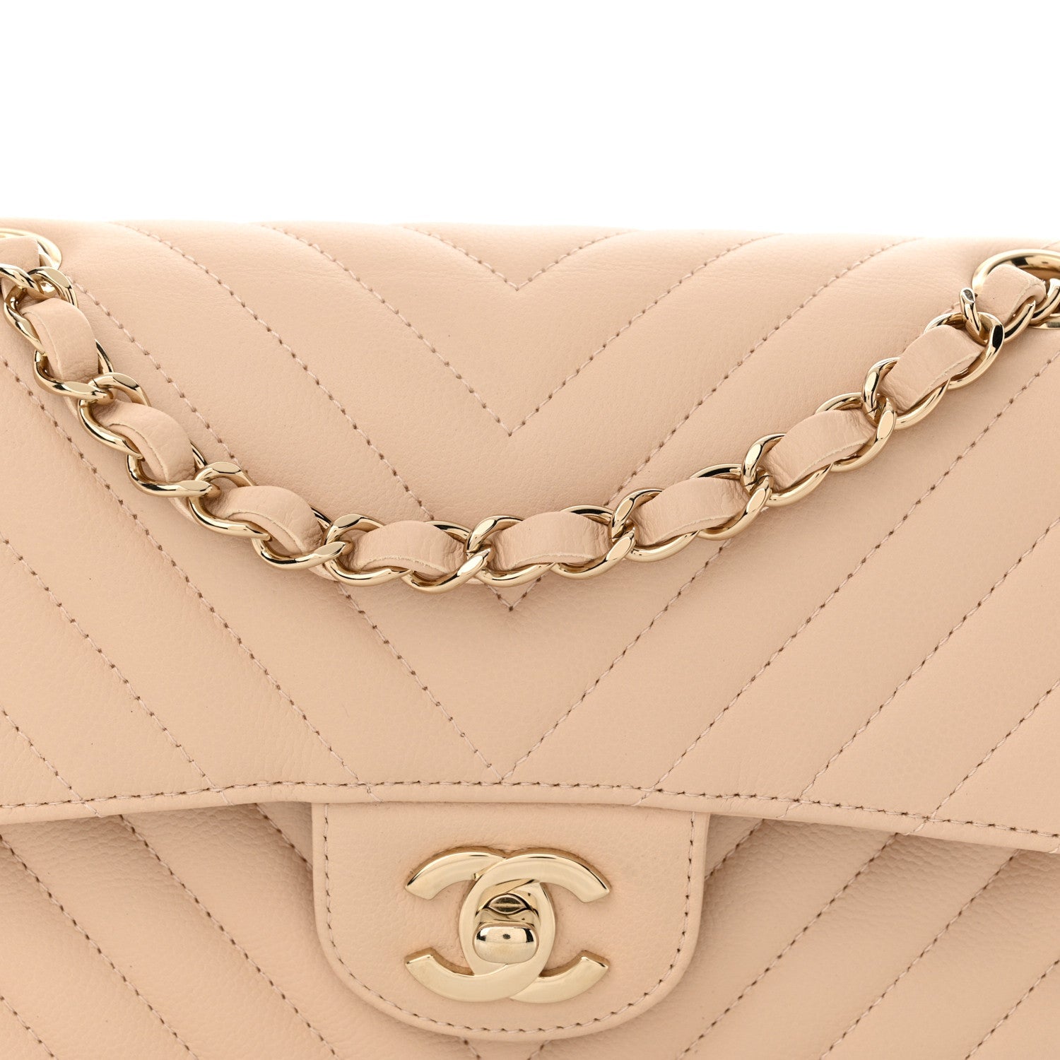 Caviar Chevron Quilted Small Double Flap Beige