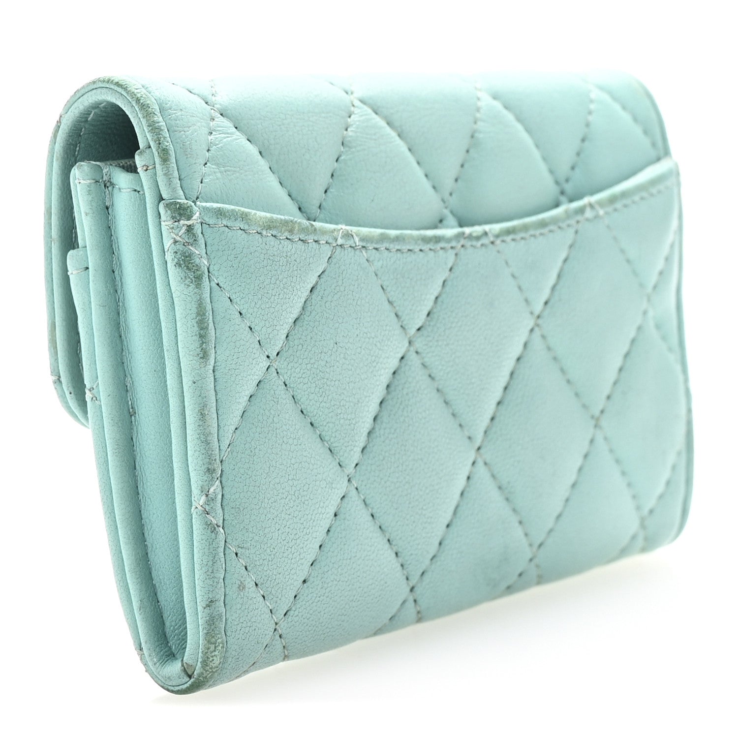 Lambskin Quilted Flap  Holder Wallet Turquoise