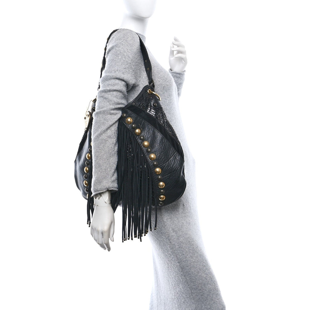 Suede Snakeskin Fringe Babouska Hobo Black