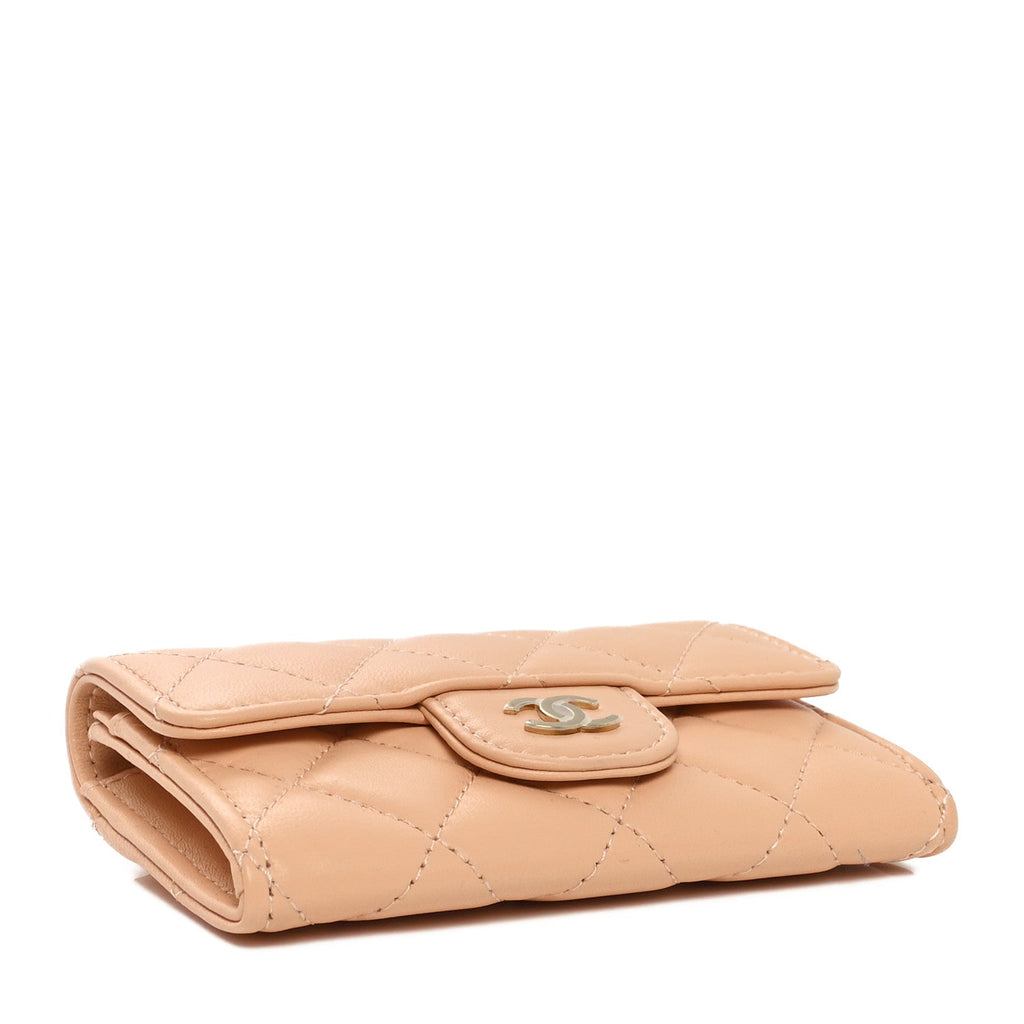 Lambskin Quilted Flap  Holder Wallet Beige