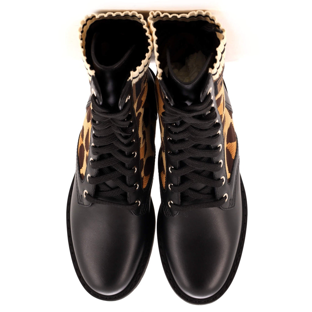 Women's Rockoko Combat Boots Leather with Printed Knit Stretch Fabric and Zucca Trim