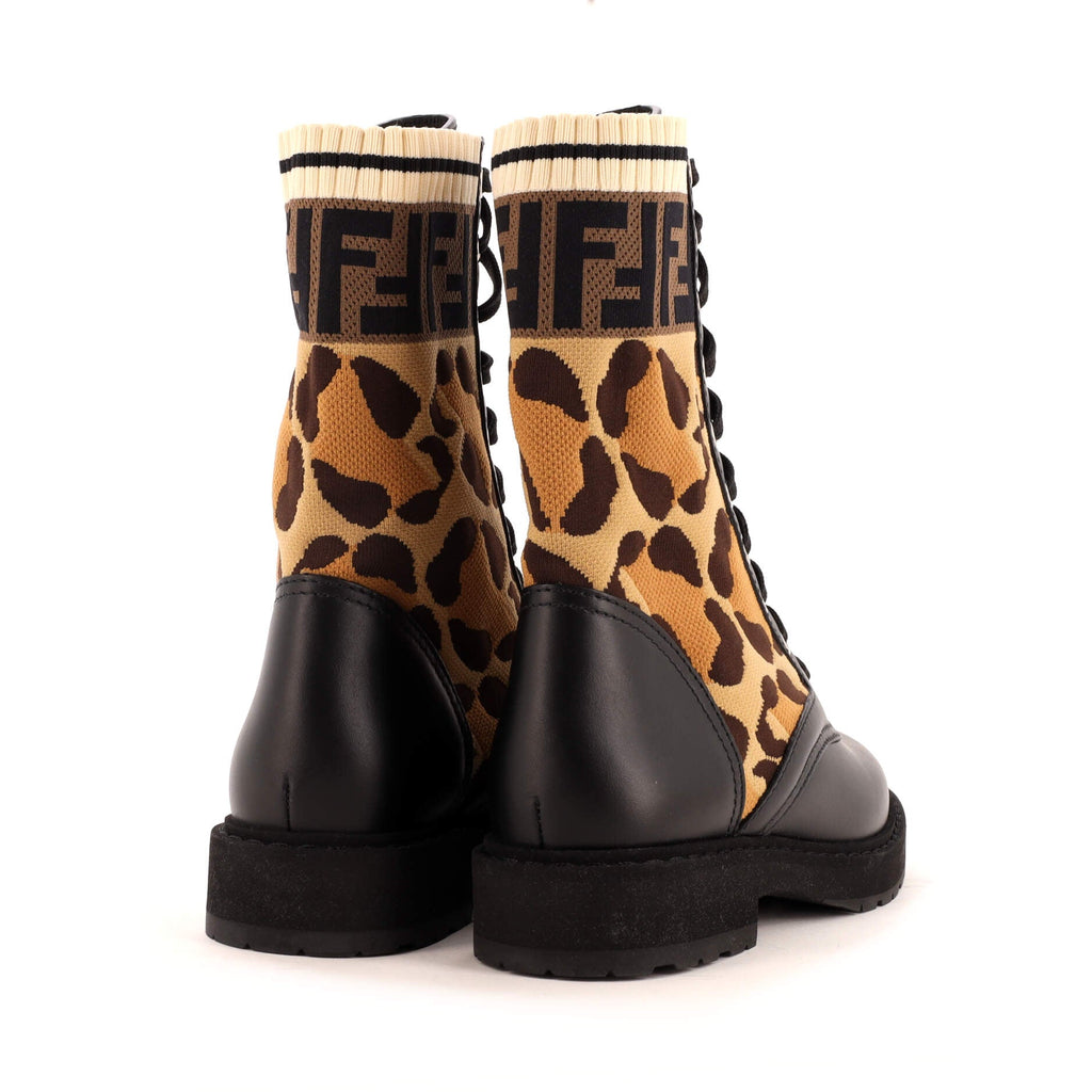 Women's Rockoko Combat Boots Leather with Printed Knit Stretch Fabric and Zucca Trim