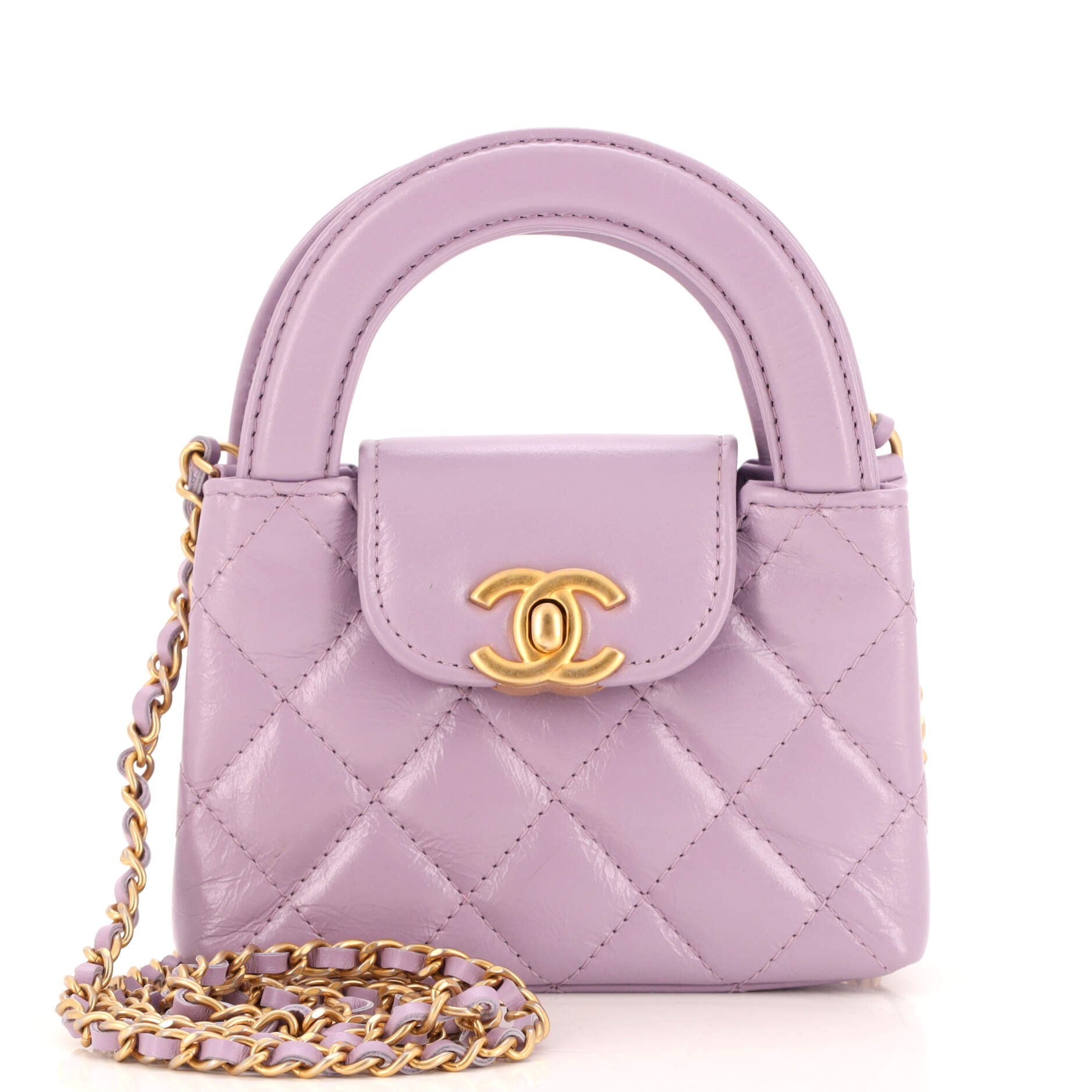 Kelly Top Handle Clutch with Chain Quilted Shiny Aged Calfskin