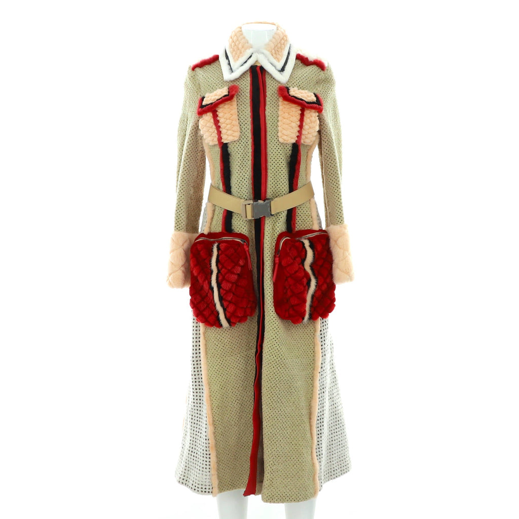 Women's Colorblock Belted Long Coat Mink with Lambskin