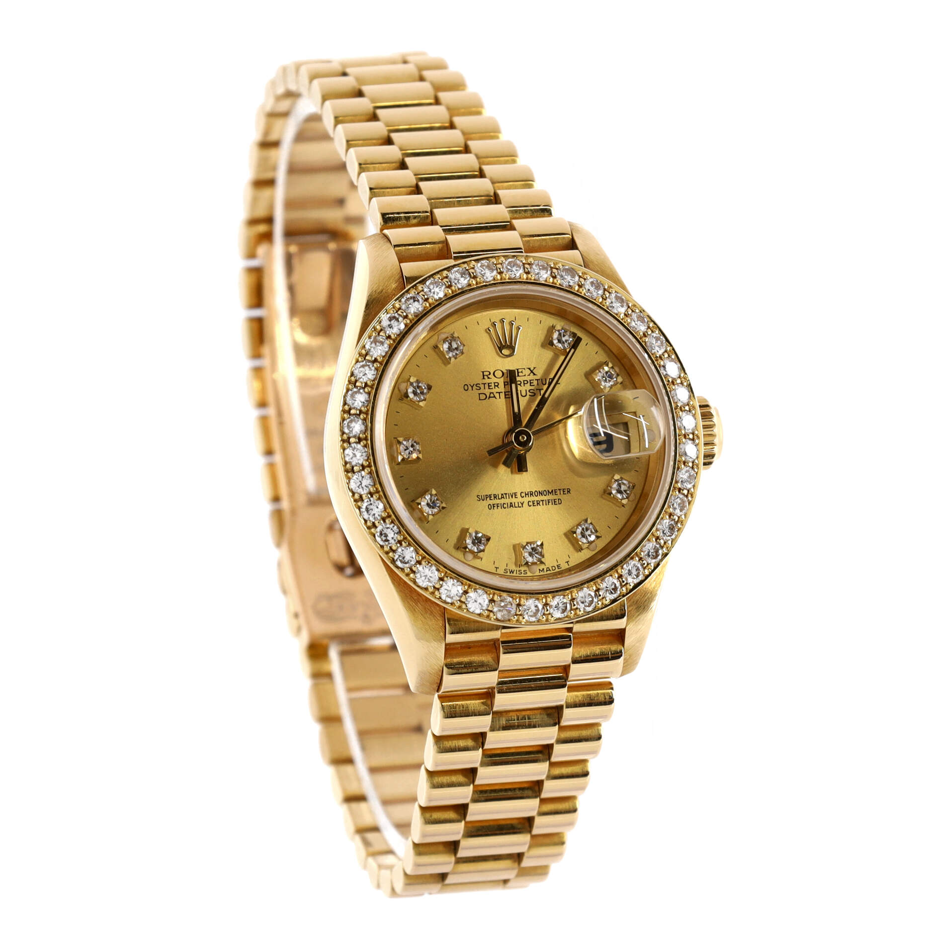 Oyster Perpetual President Datejust Automatic Watch Yellow Gold with Diamond Bezel and Markers 26