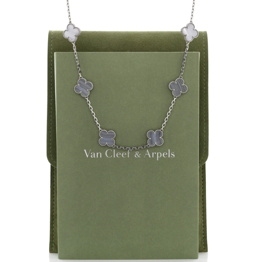 Vintage Alhambra 10 Motifs Necklace 18K White Gold and Chalcedony