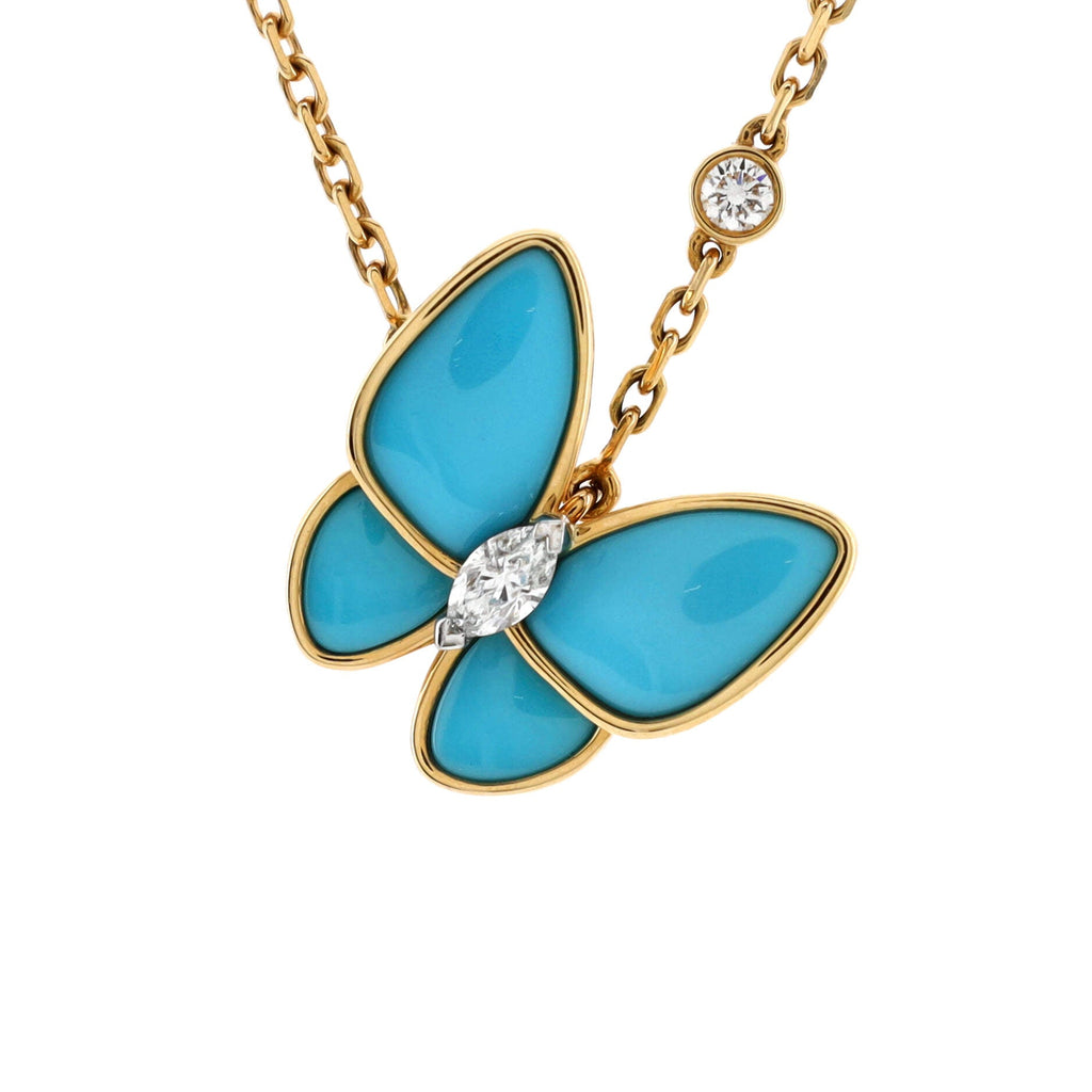 Two Butterfly Pendant Necklace 18K Yellow Gold with Turquoise and Diamonds