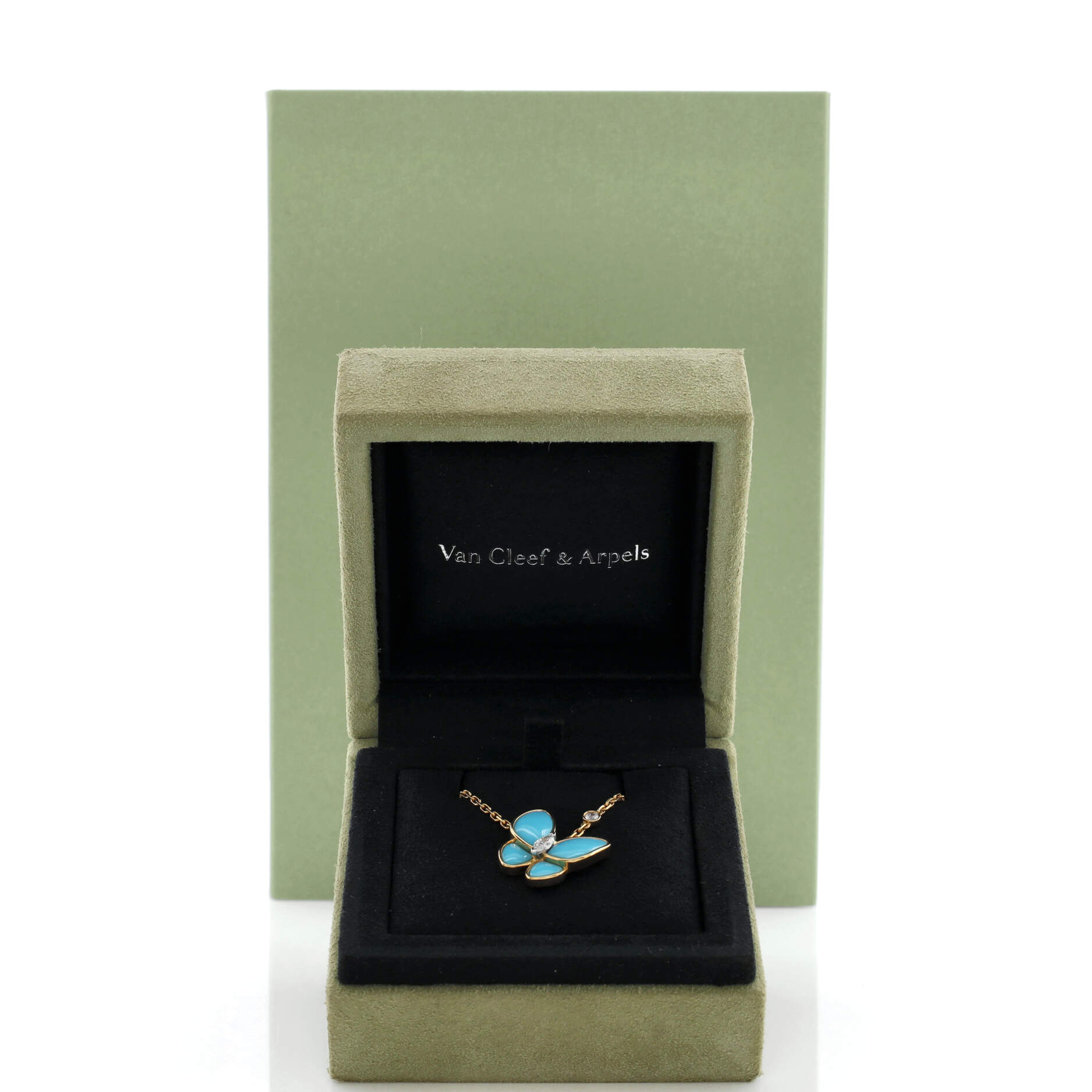 Two Butterfly Pendant Necklace 18K Yellow Gold with Turquoise and Diamonds