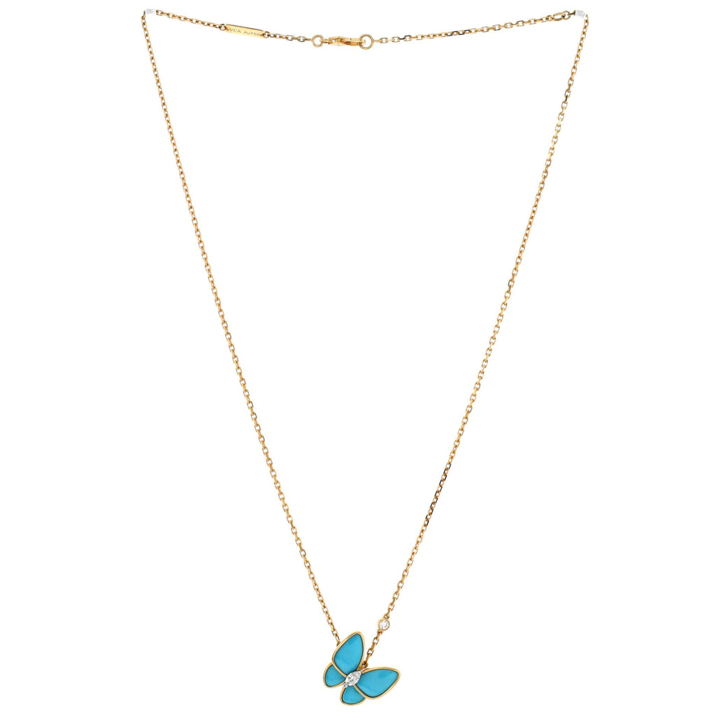 Two Butterfly Pendant Necklace 18K Yellow Gold with Turquoise and Diamonds