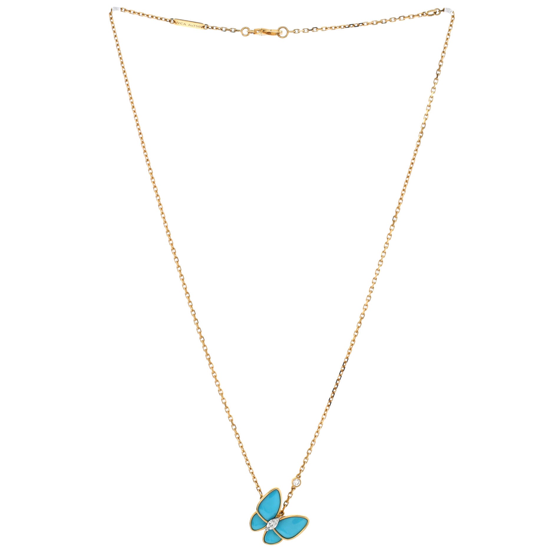 Two Butterfly Pendant Necklace 18K Yellow Gold with Turquoise and Diamonds
