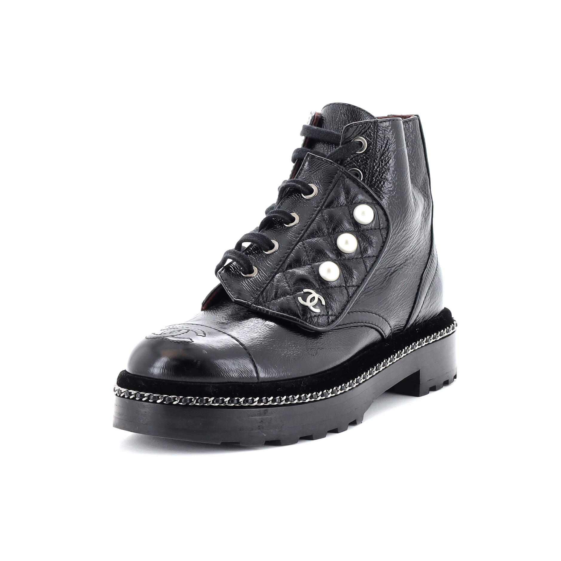 Women's Cap Toe CC Chain Around Pearl Combat Boots Leather