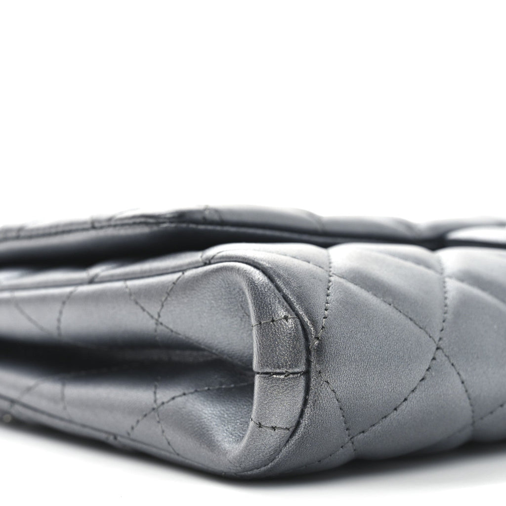 Metallic Lambskin Quilted Clutch With Chain Flap   Dark Grey