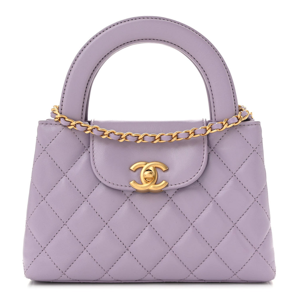 Shiny Aged Calfskin Quilted Nano Kelly Shopper Lilac