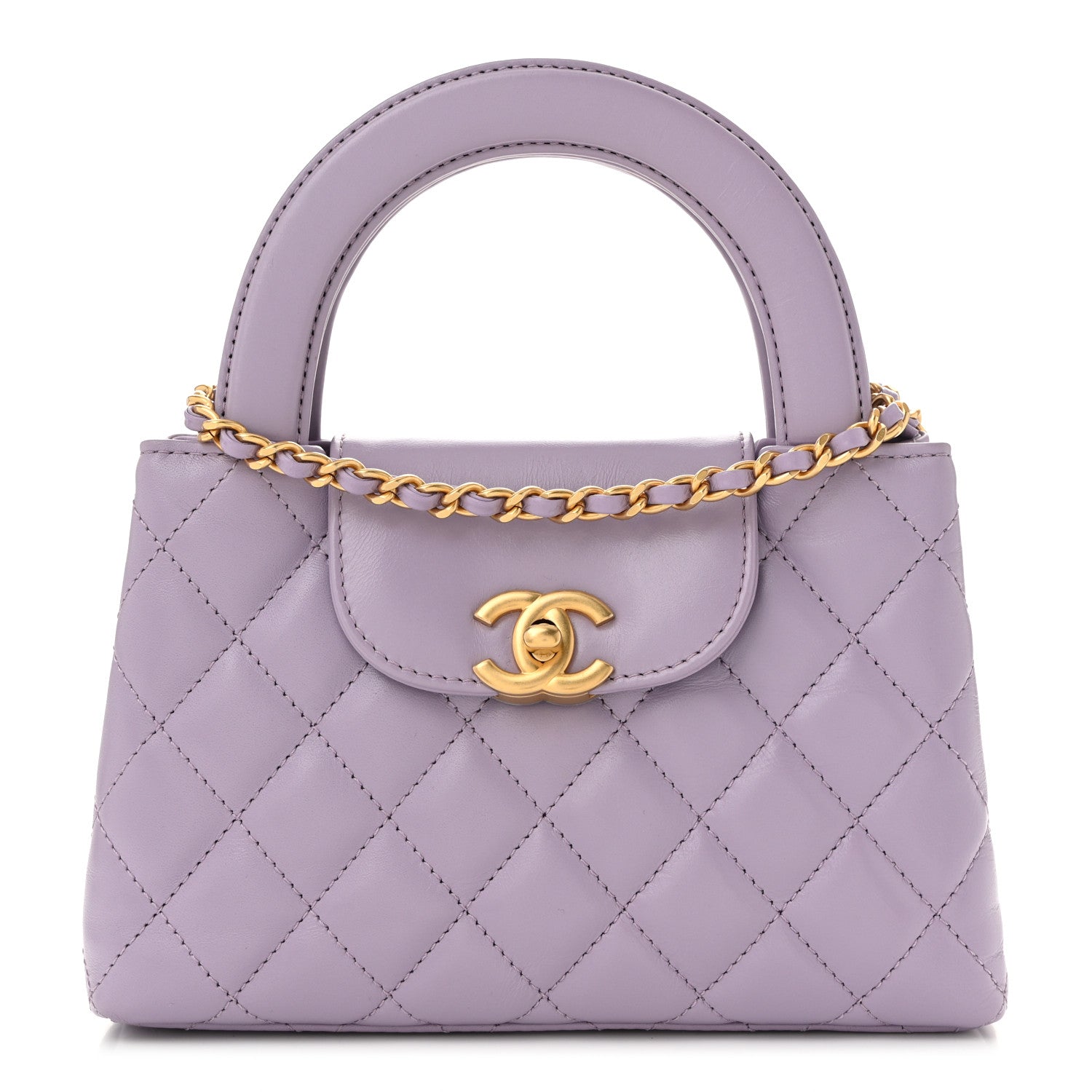 Shiny Aged Calfskin Quilted Nano Kelly Shopper Lilac
