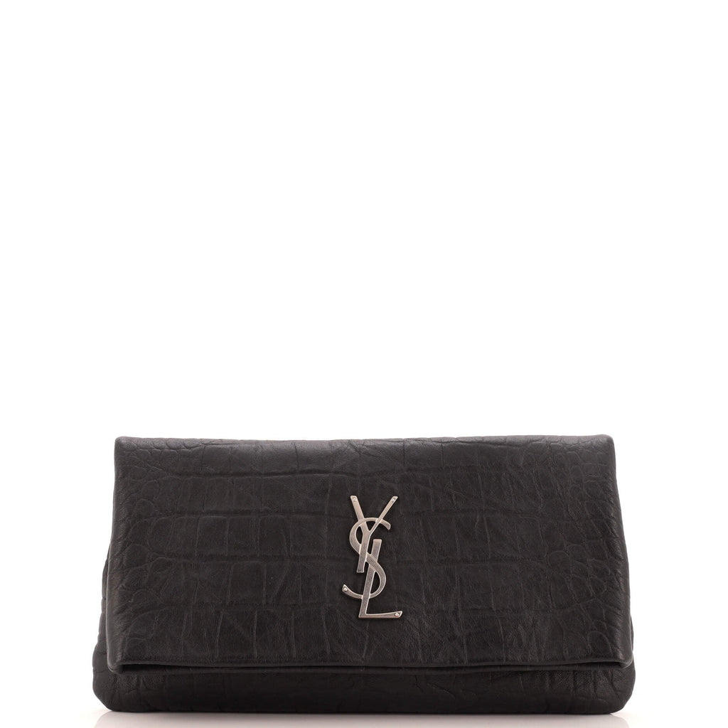 West Hollywood Fold Over Clutch Crocodile Embossed Leather