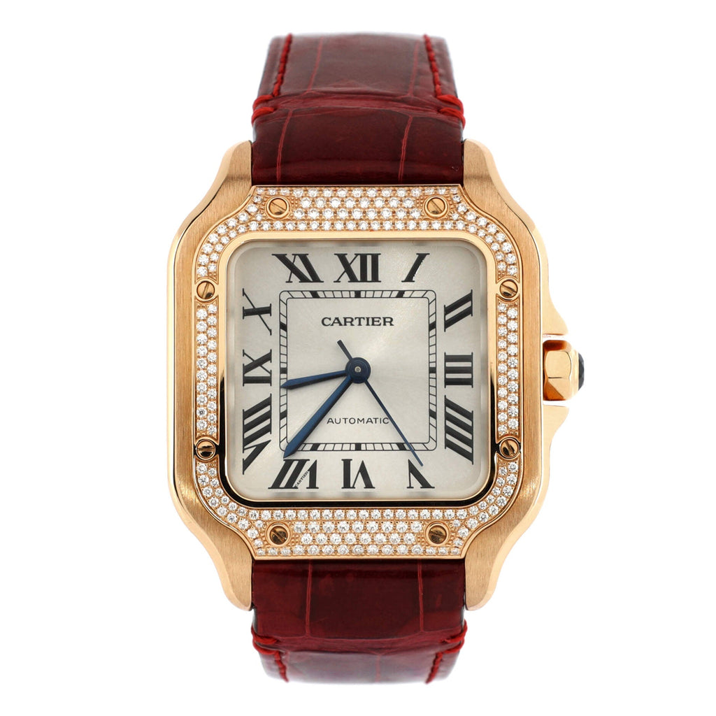 Santos de Cartier Automatic Watch Rose Gold and Alligator with Diamond Bezel 35