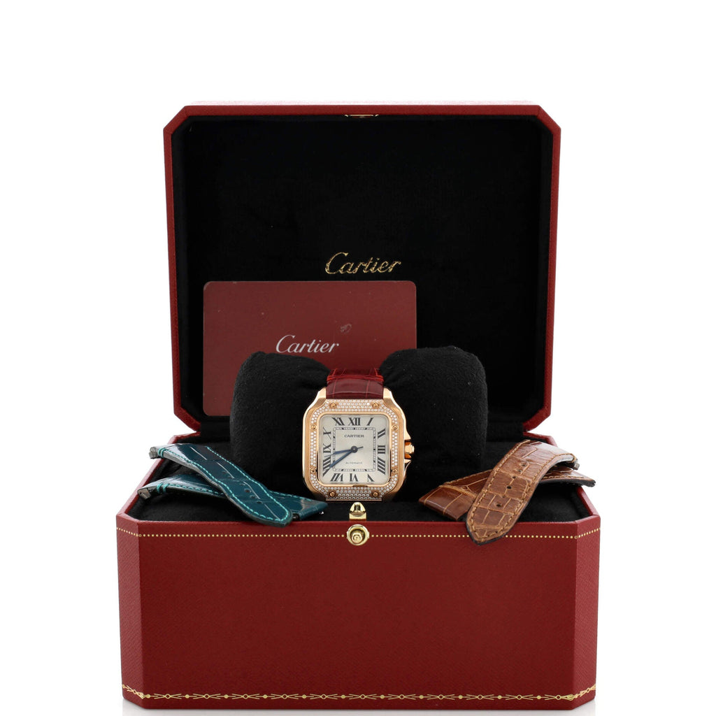 Santos de Cartier Automatic Watch Rose Gold and Alligator with Diamond Bezel 35