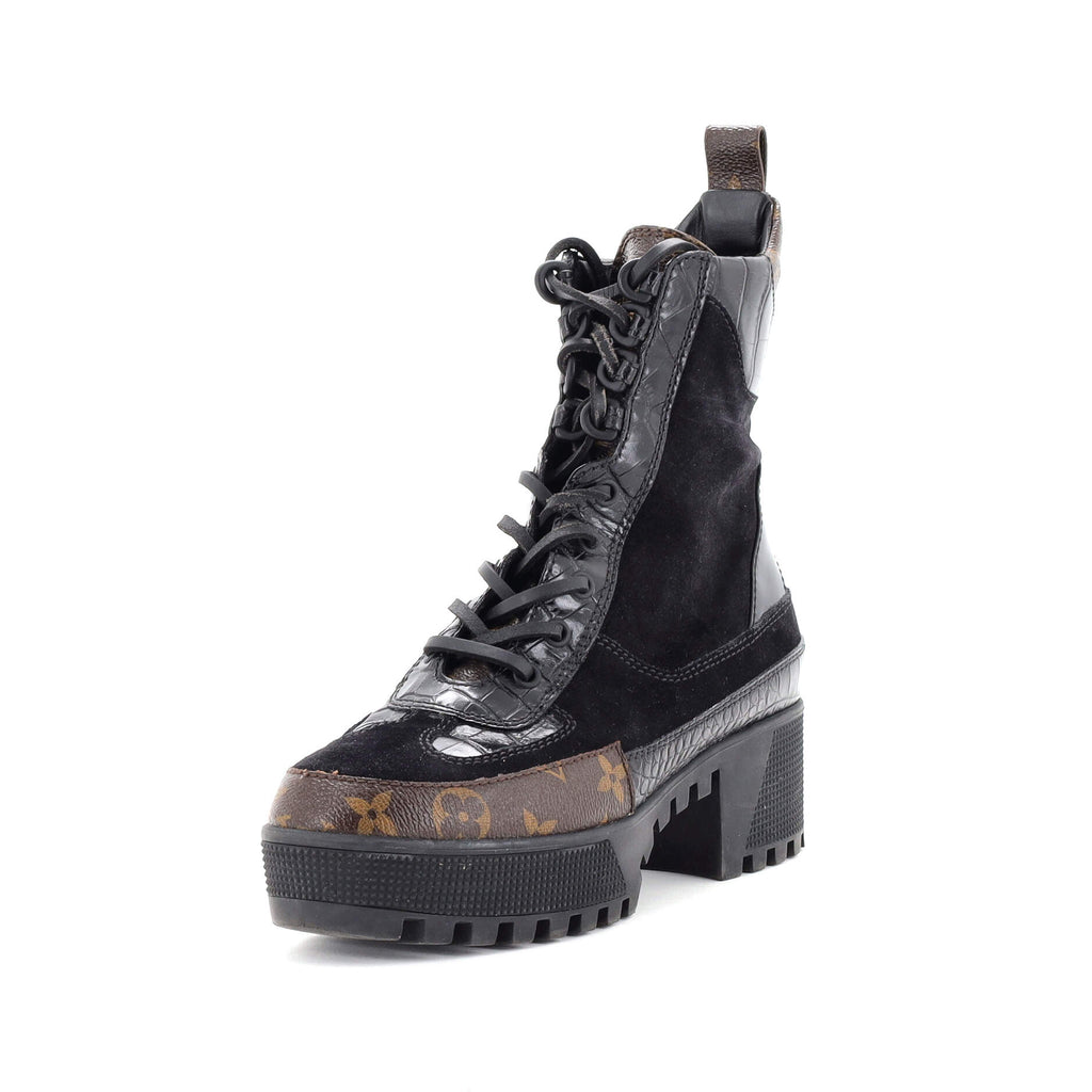 Women's Laureate Platform Desert Boots Suede with Monogram Canvas and Crocodile Embossed Patent