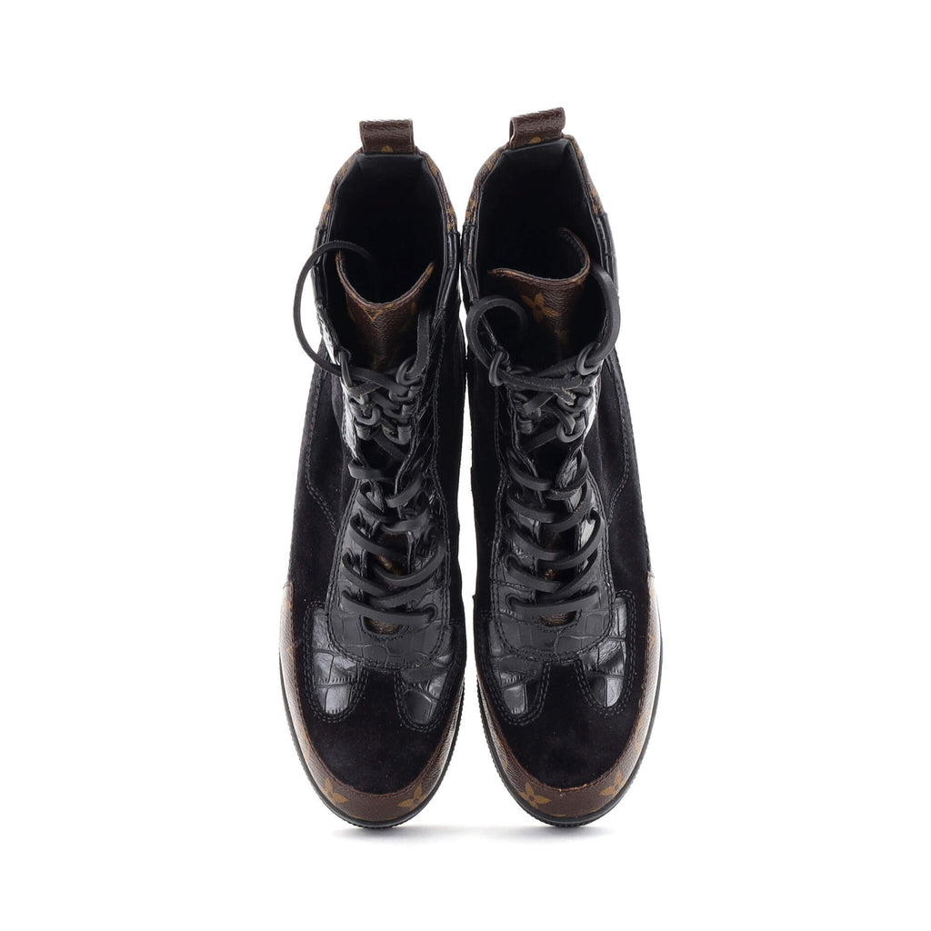 Women's Laureate Platform Desert Boots Suede with Monogram Canvas and Crocodile Embossed Patent