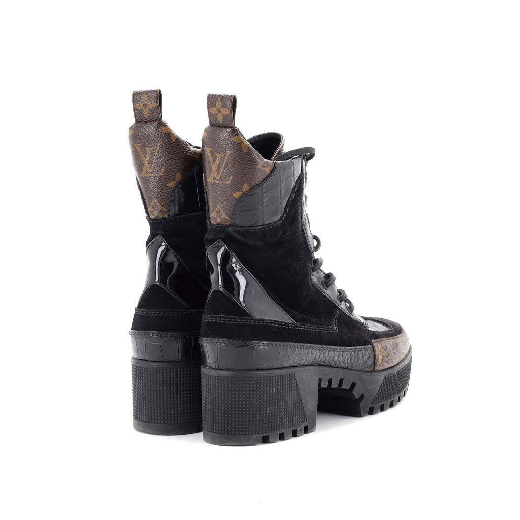 Women's Laureate Platform Desert Boots Suede with Monogram Canvas and Crocodile Embossed Patent