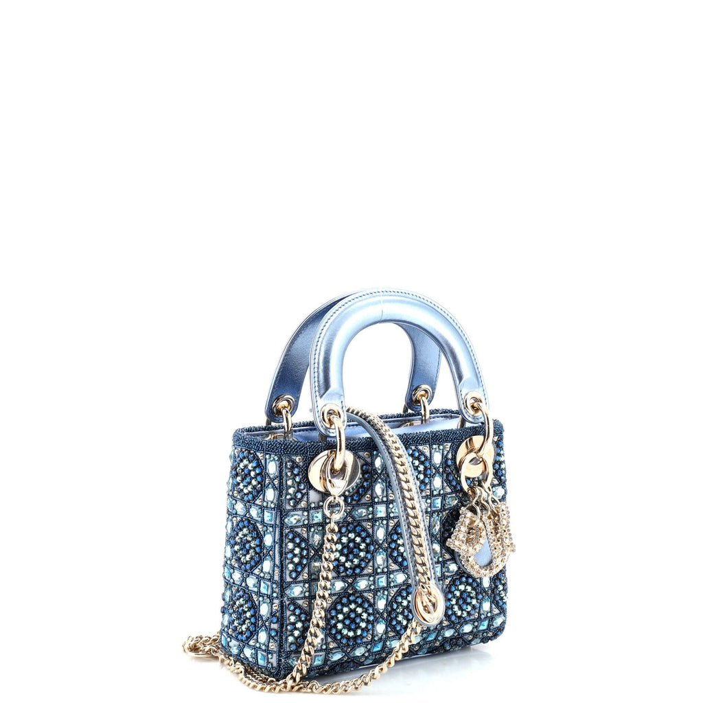Lady Dior Chain Bag Cannage Quilt Beaded Satin with Leather Crystal Charms Mini
