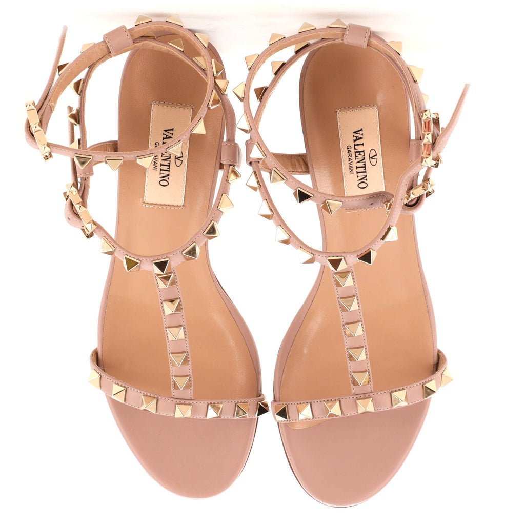Women's Rockstud Caged Ankle Strap Block Heel Sandals Leather